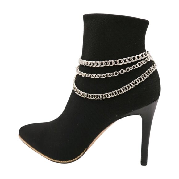 NEW Women Silver Boot Chain Bracelet Shoe 3 Strands Wave Charm Shoe Anklet SET - Picture 16 of 17